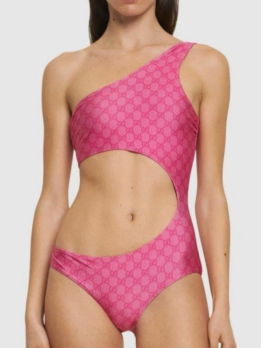 NEW GUCCI PINK GG PRINT ONE PIECE CUT OUT ASYMMETRIC JERSEY SWIMSUIT XL